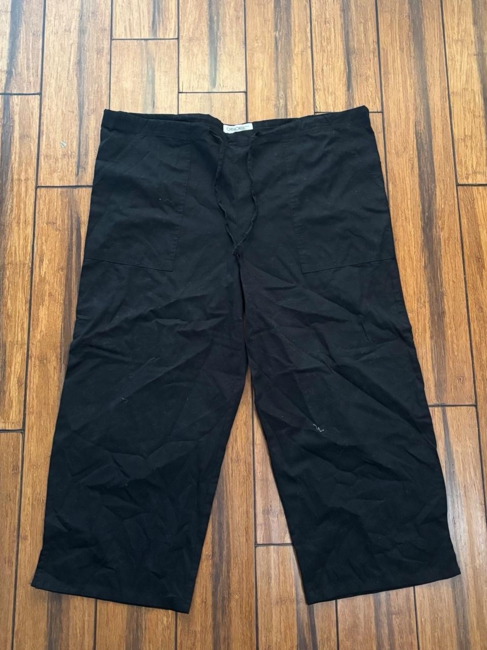 black cotton wide leg capri pants with drawstring waist - cherokee